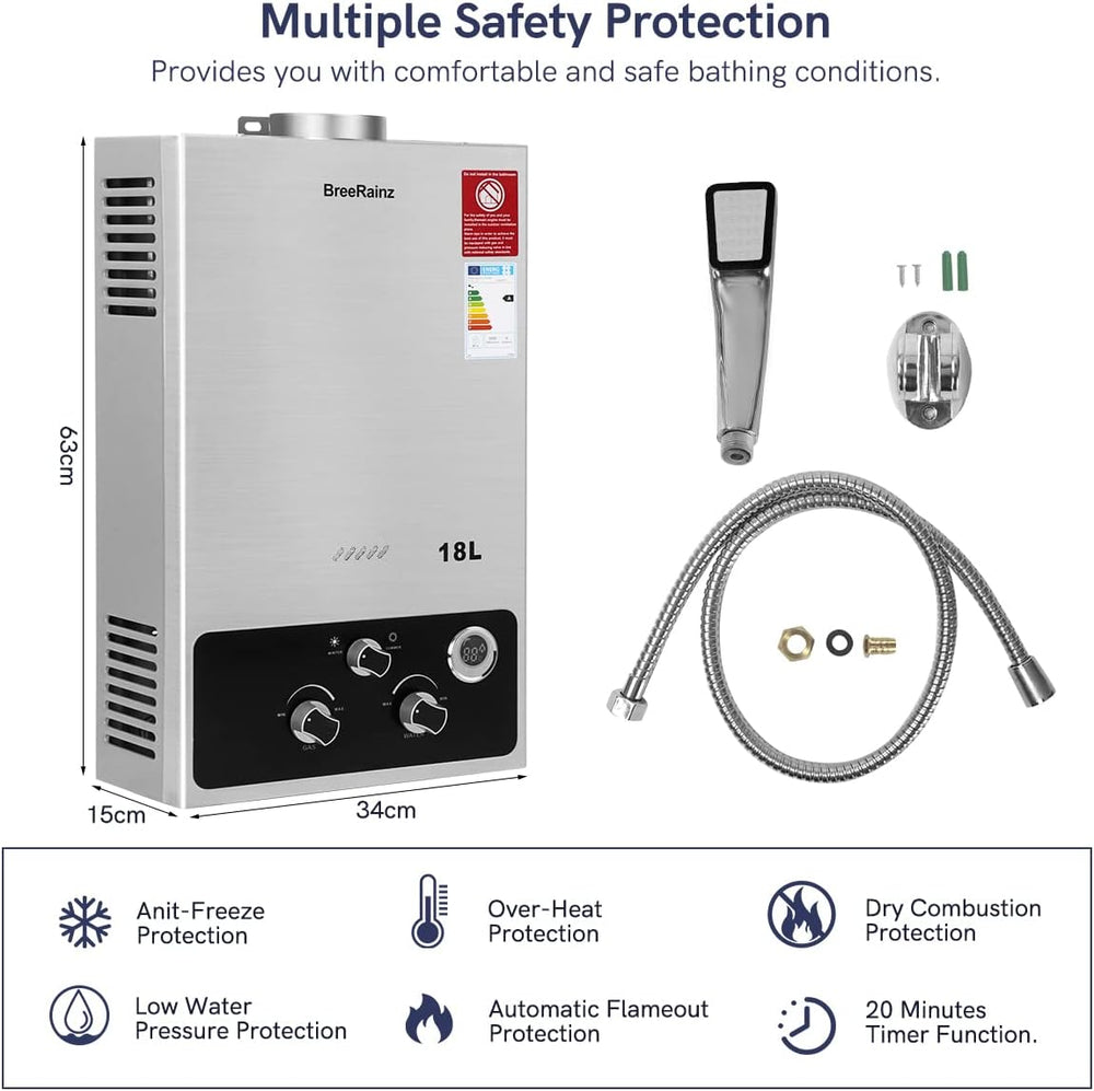 BreeRainz 18LPM Chauffe-Eau à Gaz,36KW Chauffe-Eau à Gaz Instantané Propane Butane,Pression d'eau de Démarrage Super Basse,pour Maison,Camping-car