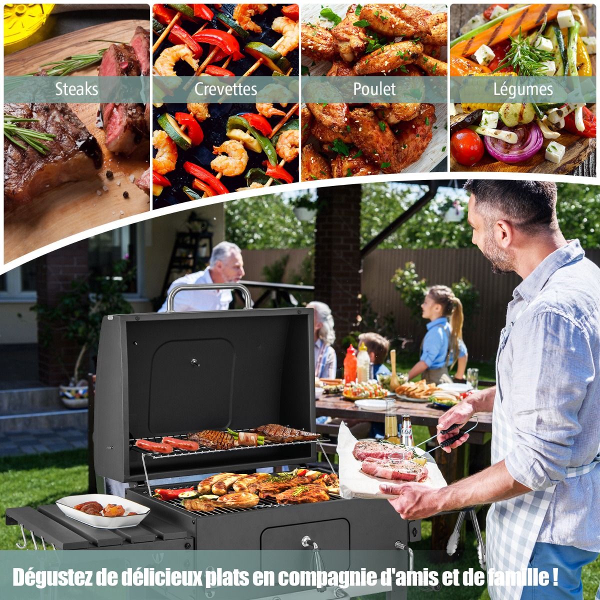 Barbecue  Charbon de Bois Portable avec 2 Tables d'Appoint Noir -