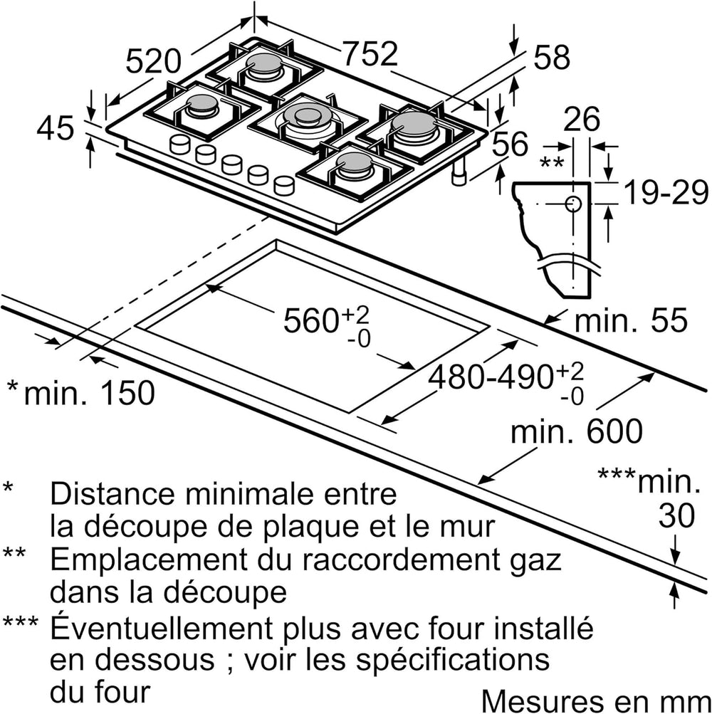PPQ7A6I40,Série 6,Plaque gaz,5 feux,80 cm,Verre trempé noir