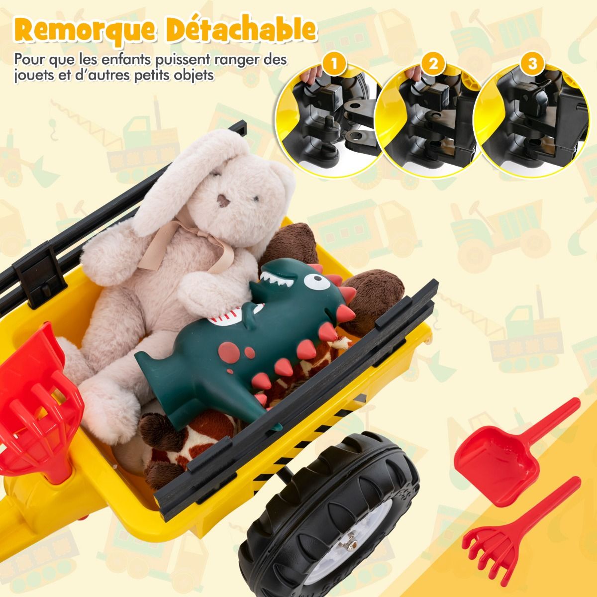 3 en 1 Tracteur pour Enfant avec 6 Roues Jouet Pelle Remorque Amovible avec Volant Klaxon 3  6 Ans Jaune/Vert -