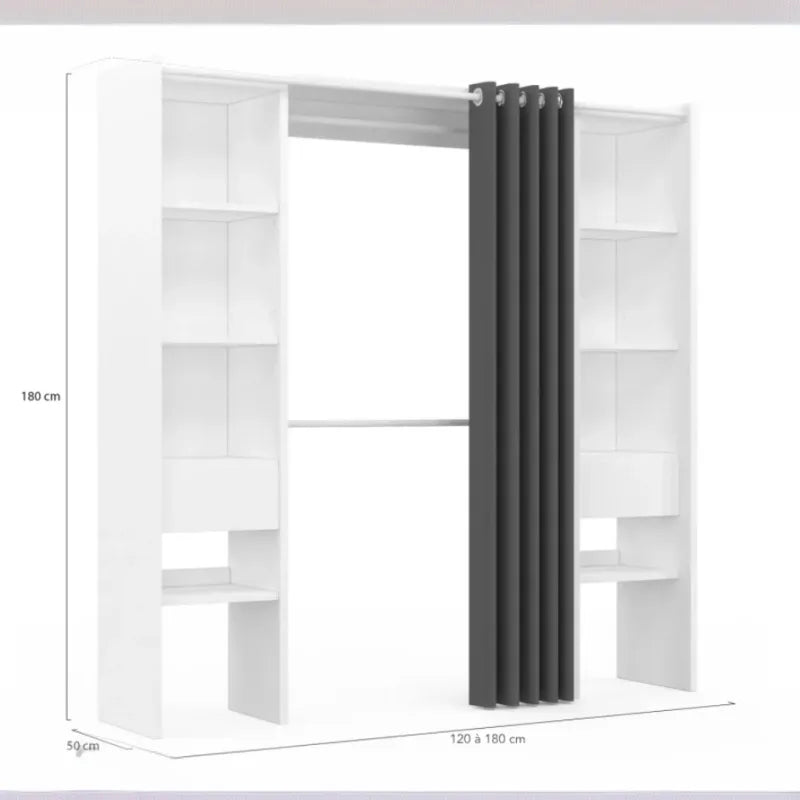 Dressing Extensible Blanc & Gris avec Rideau - tagres - Double Penderie -