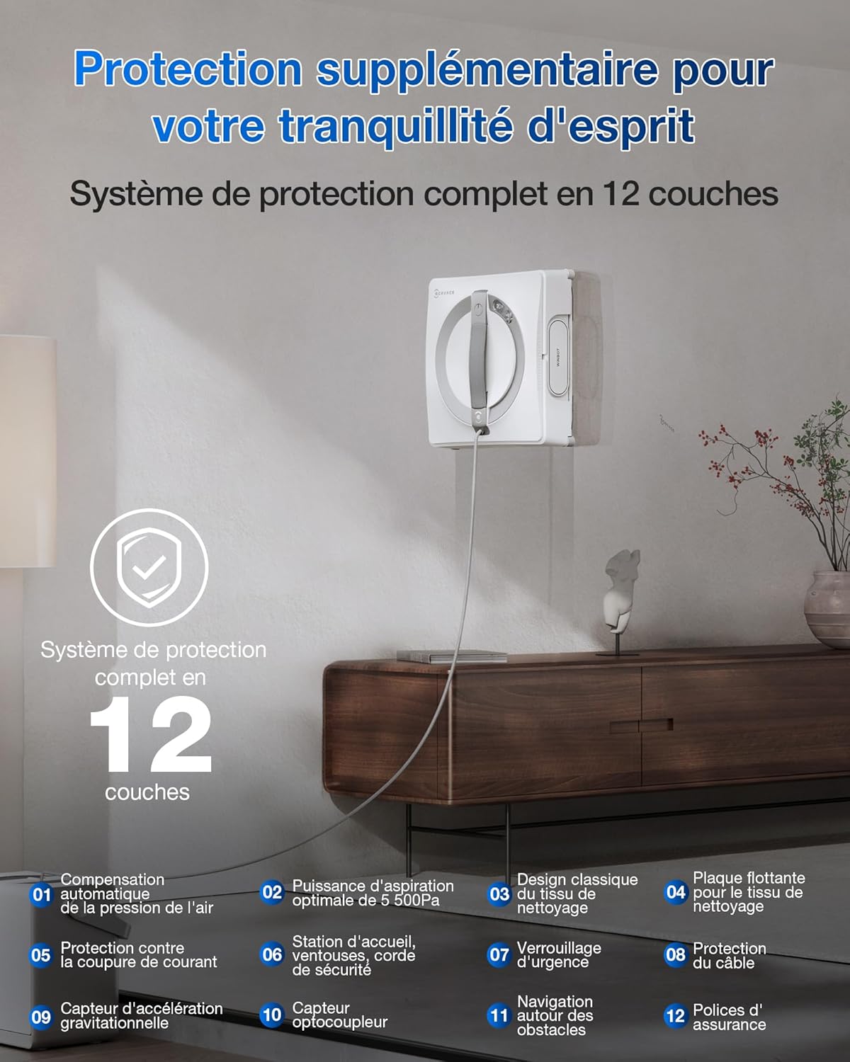 ECOVACS WINBOT W2 Pro Omni Robot Nettoyeur de vitres avec Station Multifonction, se Recharge Pendant Le Fonctionnement, buse à Triple Embout, système de Protection à 12 Niveaux