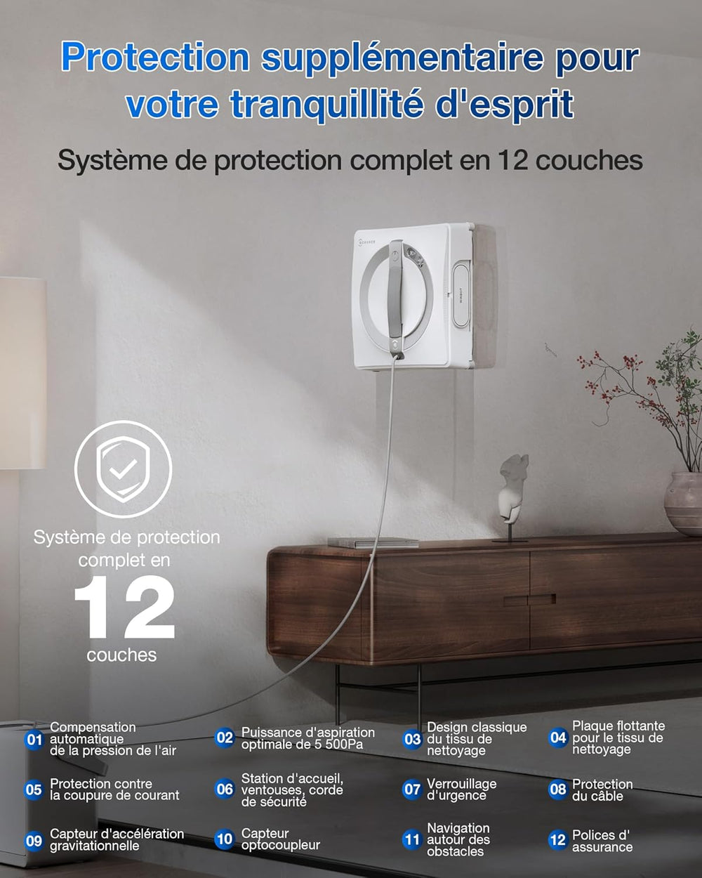 ECOVACS WINBOT W2 Pro Omni Robot Nettoyeur de vitres avec Station Multifonction, se Recharge Pendant Le Fonctionnement, buse à Triple Embout, système de Protection à 12 Niveaux