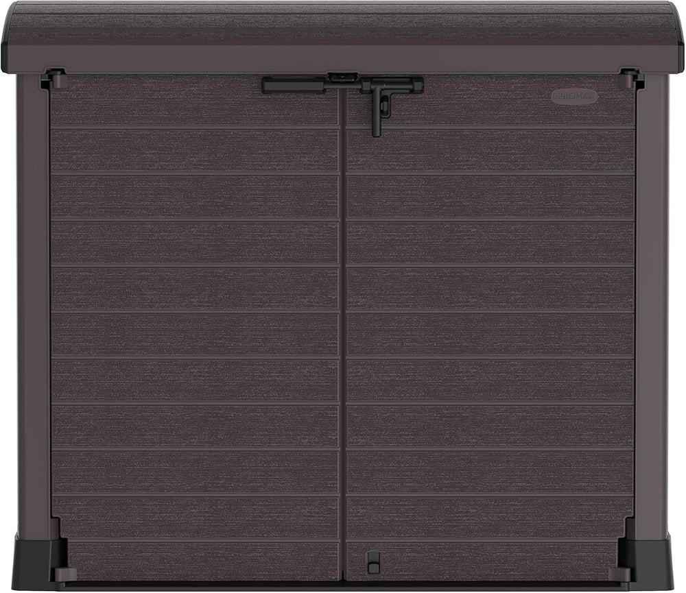 Duramax StoreAway 1200L Plastic Garden Shed/ Flat Lid,Outdoor Storage Shed,Wheelie Bin Hideaways,Wheelie bin box,Durable Construction,Ideal for Bikes,BBQs & 2x 240L Bins,145x85x125 cm,Brown