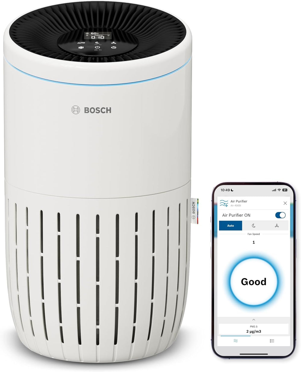 Bosch Air 4000i - Purificateur d'air intelligent - Couvre 62,5 m² - Filtre efficacement plus de 99% des polluants - Mode Auto/Sommeil (< 25 dB(A)) - CADR : 300 m³/h - Connectivité avec écran et app