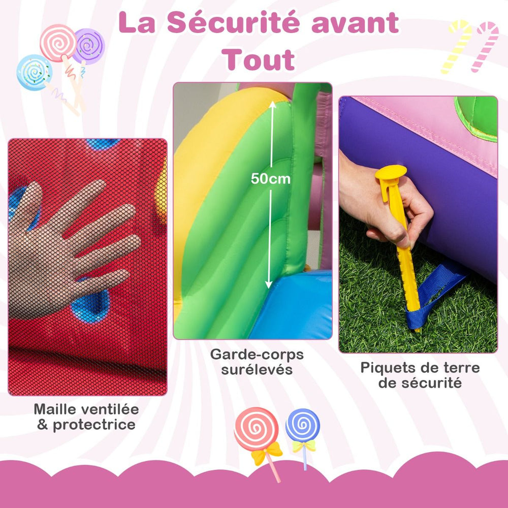 9 en 1 Château Gonflable en Forme Bonbons avec Toboggan Maison de Saut Gonflable avec Pistolet à Eau Charge 90kg pour 2 Enfants de 3-10 Ans -