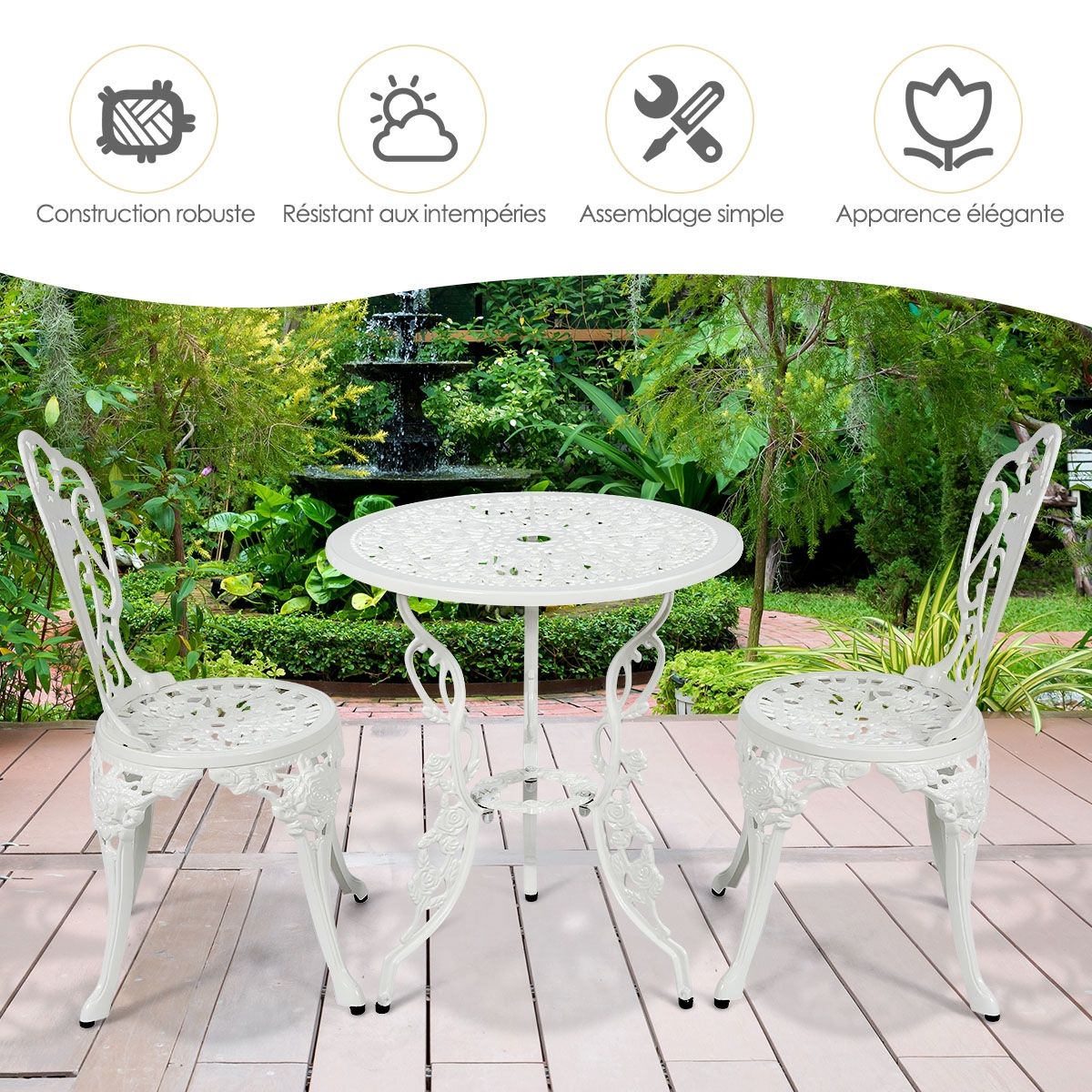 Ensemble Table et 2 Chaises pour Jardin en Aluminium en Forme de Rose Blanc Résistant aux Intempéries -