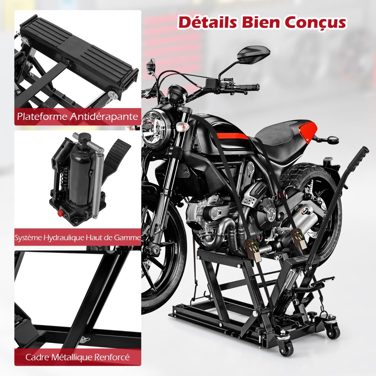 Cric Hydraulique pour Moto Capacité de 680 kg Table Élévatrice Moto Plateforme Réglable en Hauteur sur 3 Niveaux Rouge/Noir -