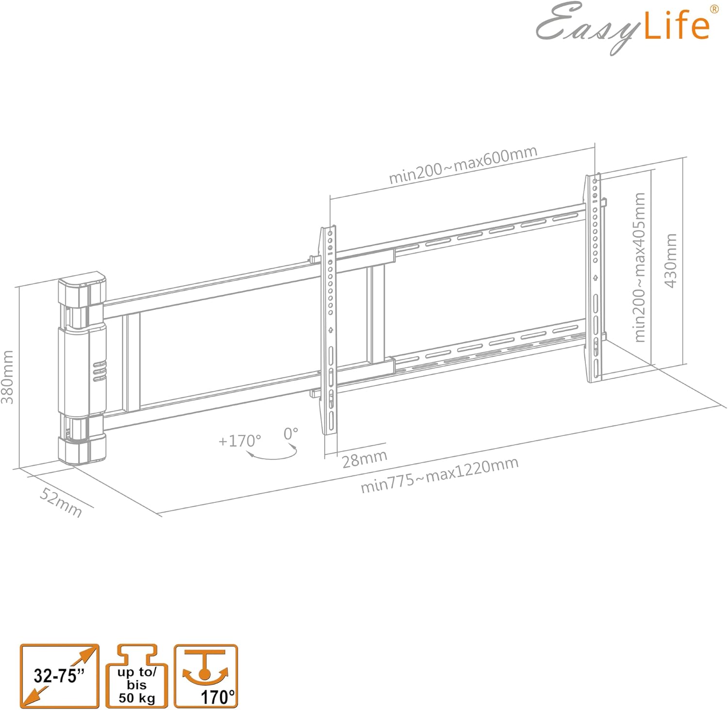EasyLife Support TV Mural pivotant électriquement jusqu'à 170°, Support Mural VESA jusqu'à 600x400 pour LCD/OLED, téléviseur, Moniteur, écran, Smartboard de 32-75 Pouces & 50kg Max (Blanc)