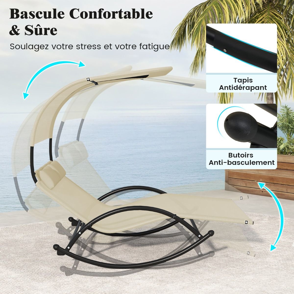 Chaise Longue Double Chaise  Bascule pour 2 Personnes 2 Appui-T锚tes Amovibles Cadre en Mtal Robuste Lit de Repos Ergonomique 2 Places Gris/Noir/Beige -