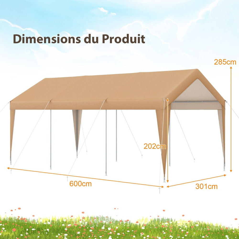 Abri de Voiture 301 x 600 cm Cadre en Métal Galvanisé Tente de Garage Portable avec Bâche Toutes Saisons Tente de Voiture pour Camions Bateaux -