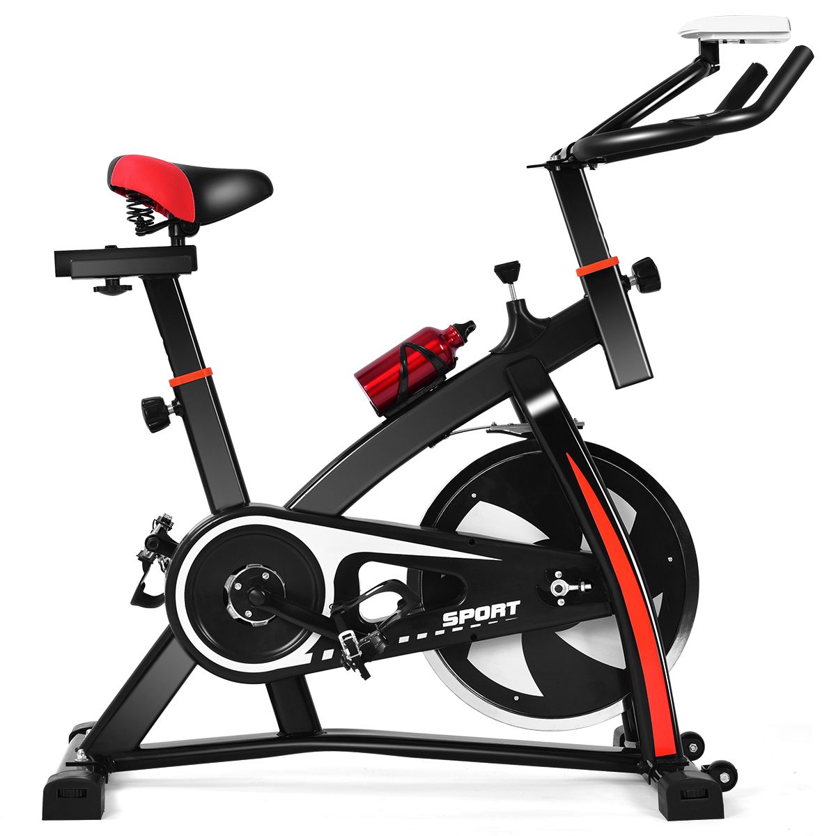 Vélo D’appartement Vélo Silencieux avec Courroie et Roue D’inertie en Fer de 10kg Guidon et Selle Ajustable Noir + Rouge -