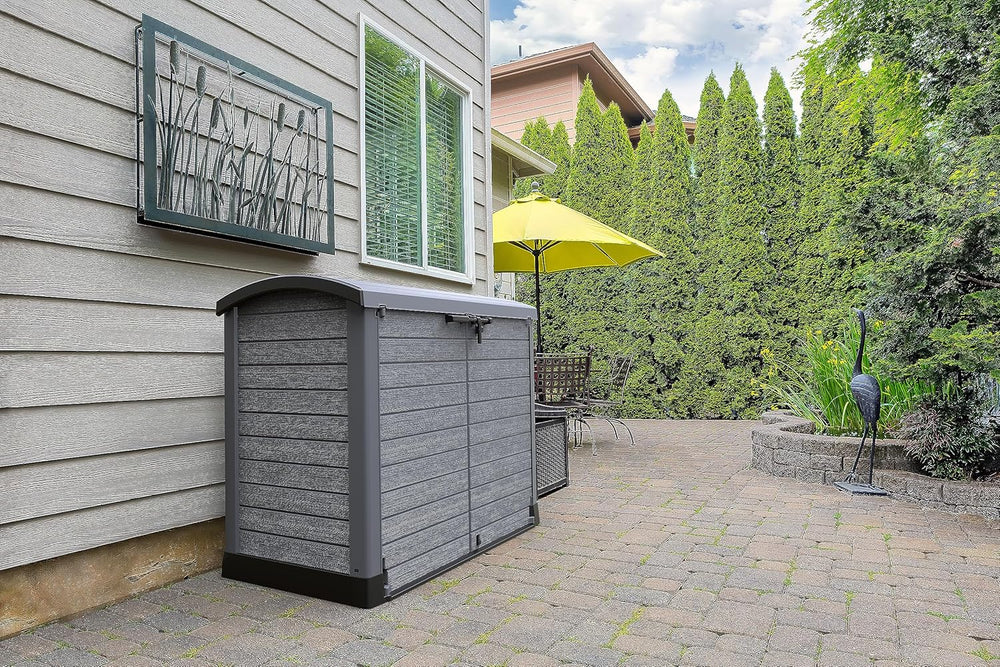 Duramax StoreAway 1200L Plastic Garden Shed/ Flat Lid,Outdoor Storage Shed,Wheelie Bin Hideaways,Wheelie bin box,Durable Construction,Ideal for Bikes,BBQs & 2x 240L Bins,145x85x125 cm,Brown