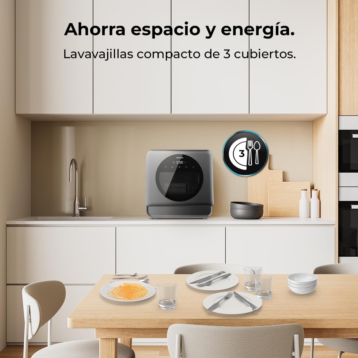 Cecotec Lave-vaisselle Compact Libre Installation sur Table Bolero Aguazero 1150 Dark. 3 Couverts, Basse Consommation, 6 Programmes, Touch Control Panel, Fonctions Long Storage et Delay Start