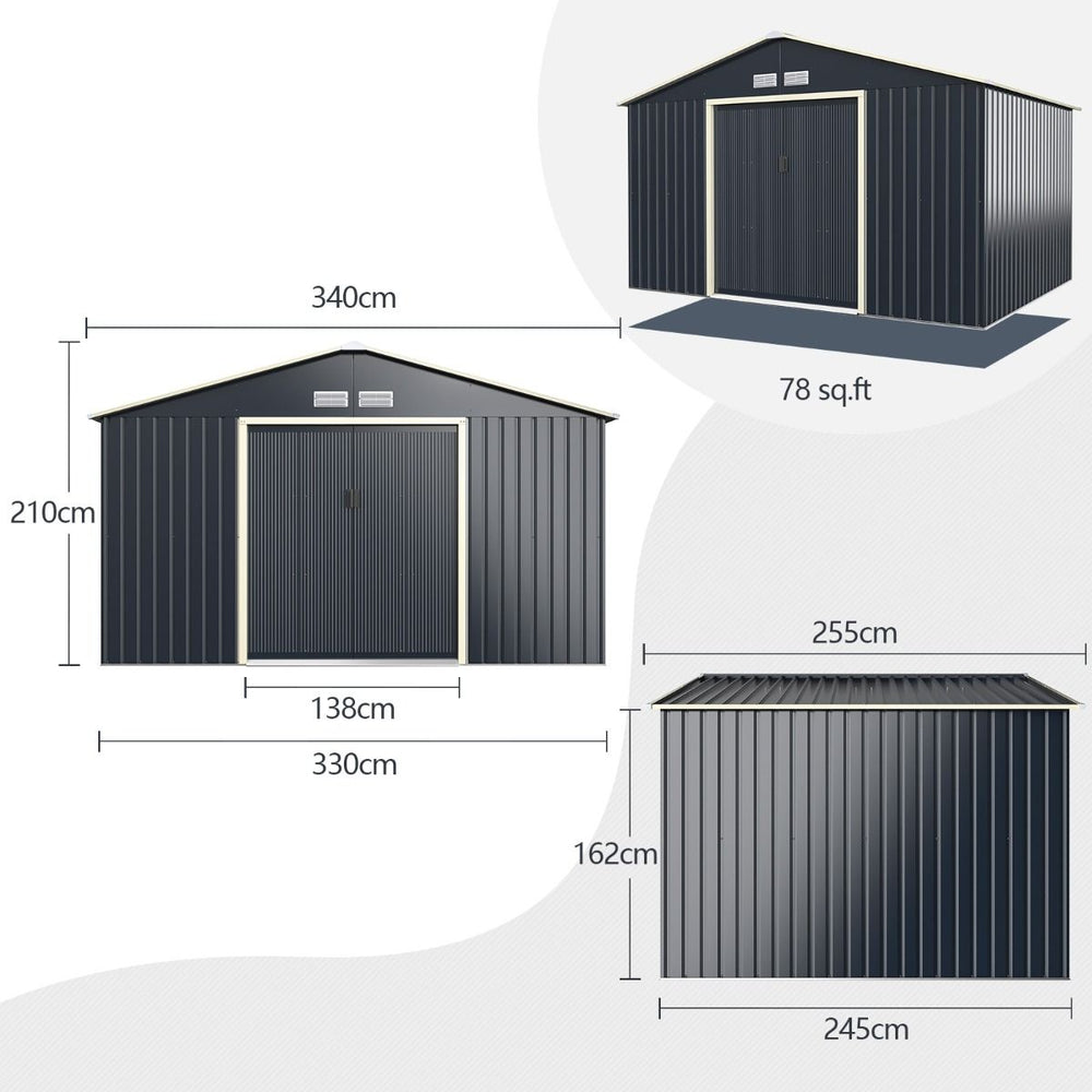Abri de Jardin en Métal & Extension 10.85avec 2 Portes Coulissantes Verrouillables 4 Trous d’Aération Gris pour Vélo -