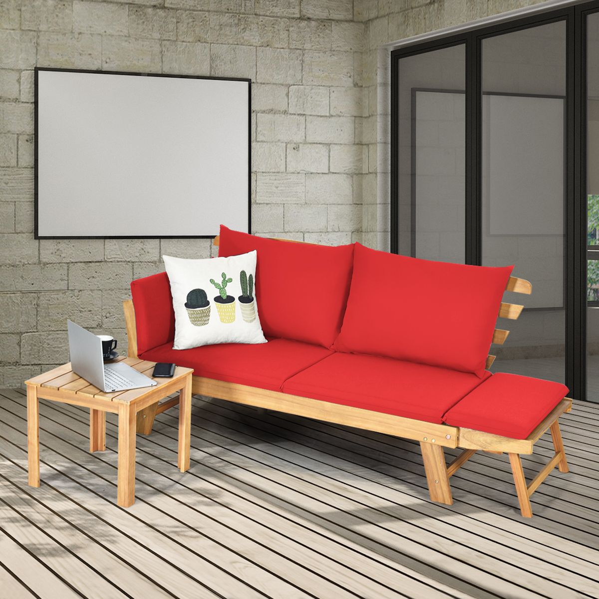 Chaise Longue Convertible avec Coussin Canapé de Jardin 2 en 1 en Bois d’Acacia avec Accoudoir Réglable pour Patio Piscine Jardin Blanc/Gris/Bleu/Rouge -