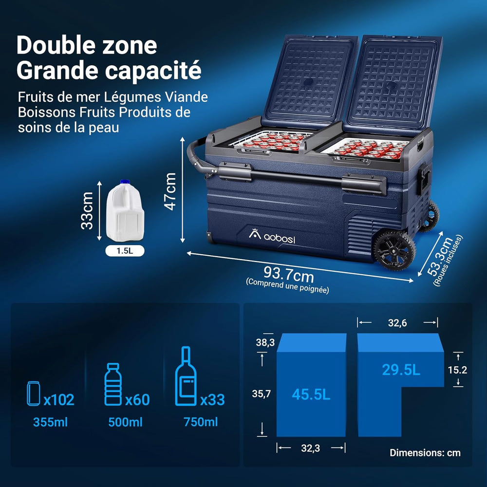 115L Glaciere Electrique Double Zone,Glaciere a Compression WiFi APP,12 V/24 V et 100-240 V Frigo Camping,-20 鈩 20 鈩pour Voiture,Camion,Bateau,Camping,Car,Caravanes,Voyageant,Maison