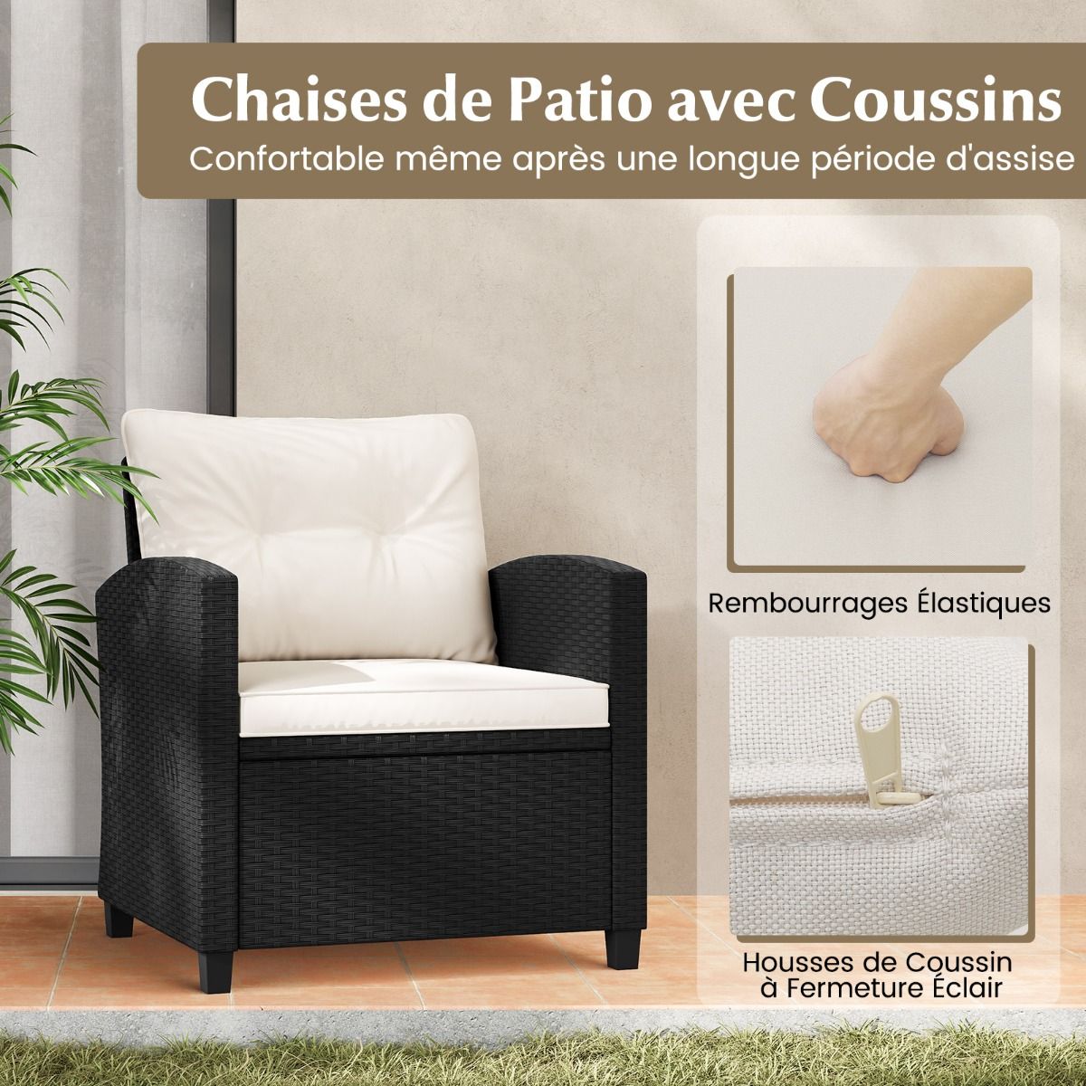 Ensemble de Meubles 3 Pièces de Patio en Rotin Charge 180KG Salon de Jardin 2 Fauteuils Table Basse avec Plateau Noir/Beige/Blanc -