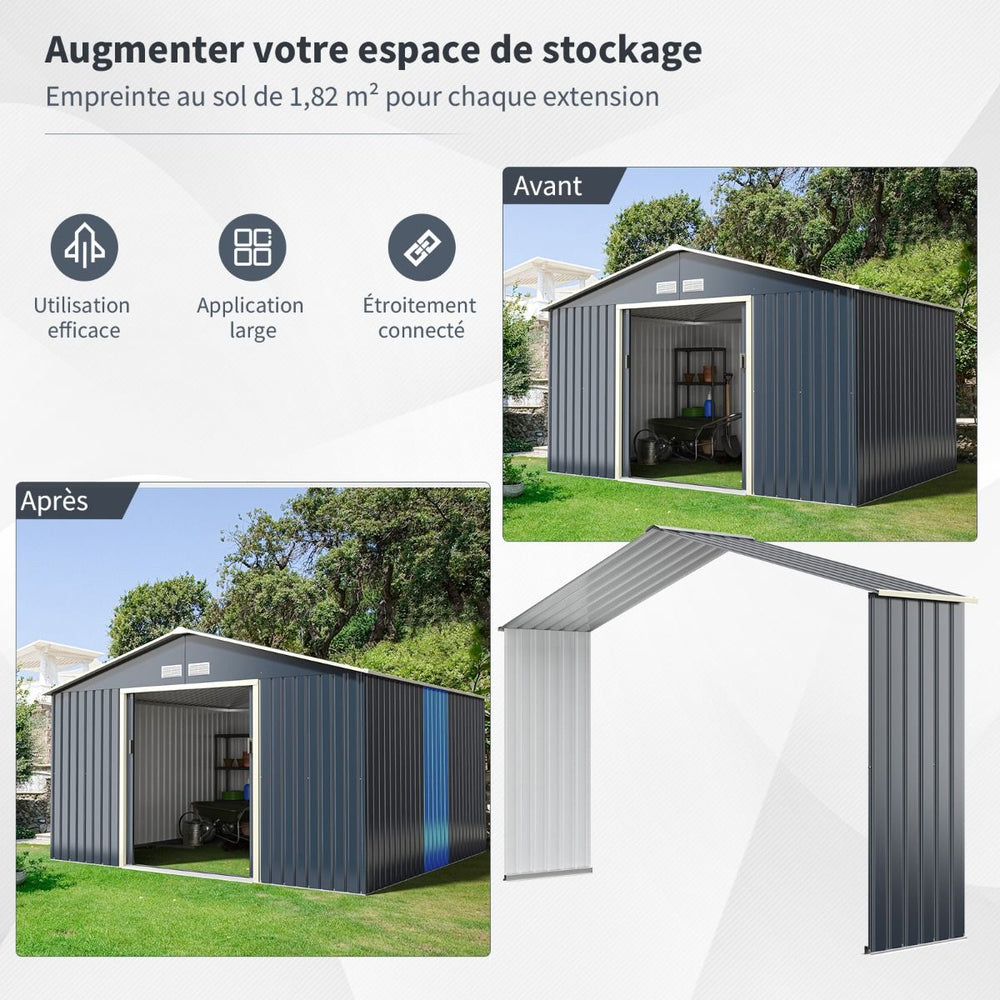 Abri de Jardin en Métal & Extension 10.85avec 2 Portes Coulissantes Verrouillables 4 Trous d’Aération Gris pour Vélo -