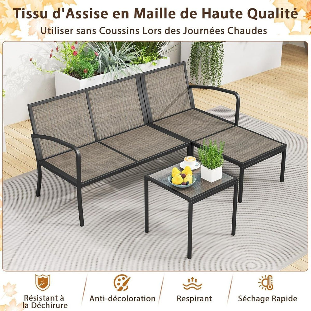 Ensemble Salon de Jardin 3 Pièces Ensemble de Canapé Rembourré d’Extérieur avec Table Basse Cadre en Métal Robuste Gris -