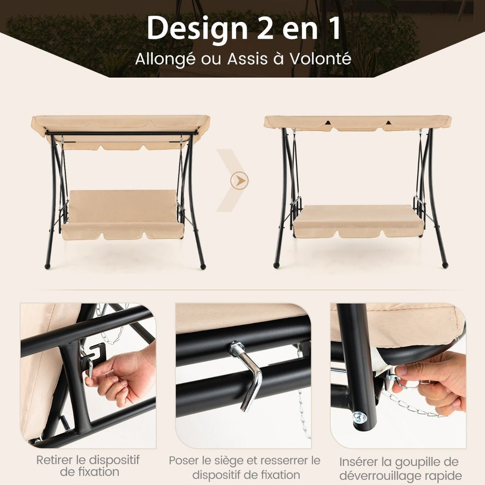 Balancelle d'Extrieur Convertible 2 Places avec Lit Plat Hamac de Terrasse avec Auvent Rglable et Coussin Amovible Pour Jardin -
