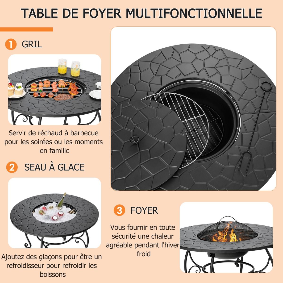 Brasero Extérieur pour Jardin 80 x 80 x 70 cm Foyer rond 4 en 1 avec Brasero Grille de Cuisson Grille en Bois -