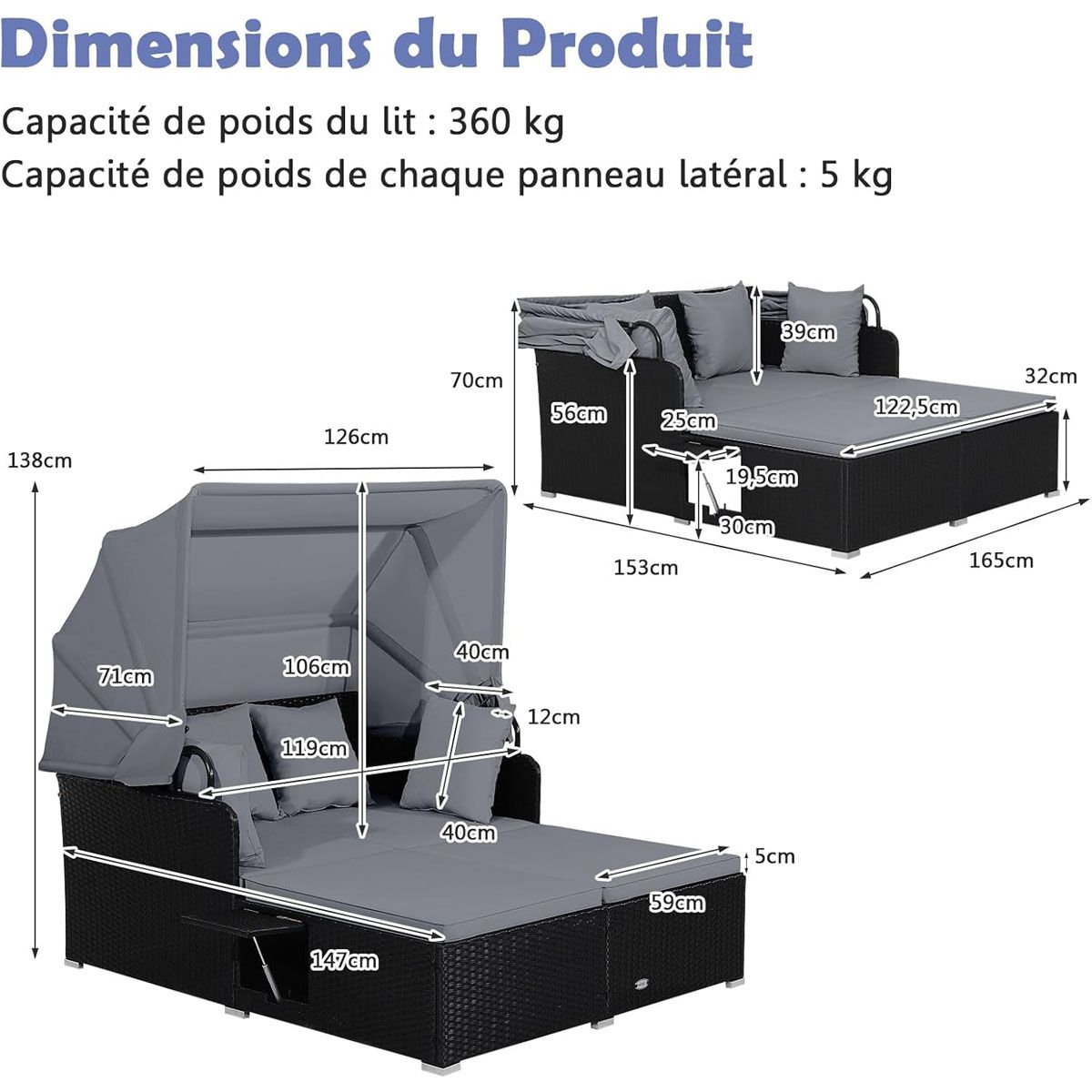 Chaise Longue à 2 Places en Rotin avec Auvent Rétractable Bain de Soleil avec Panneaux Latéraux Pliables Charge 360KG Beige/Gris -