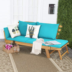 Chaise Longue Convertible avec Coussin Canapé de Jardin 2 en 1 en Bois d’Acacia avec Accoudoir Réglable pour Patio Piscine Jardin Blanc/Gris/Bleu/Rouge -