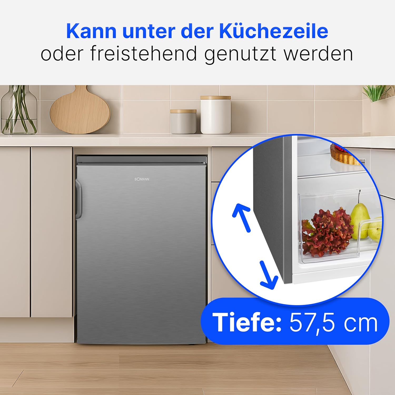 Bomann Réfrigérateur 133L inox VS2195-1-inox, Capacité nette : 133 litres, Éclairage intérieur à DEL, Contrôle de la température en continu, 3 clayettes en verre