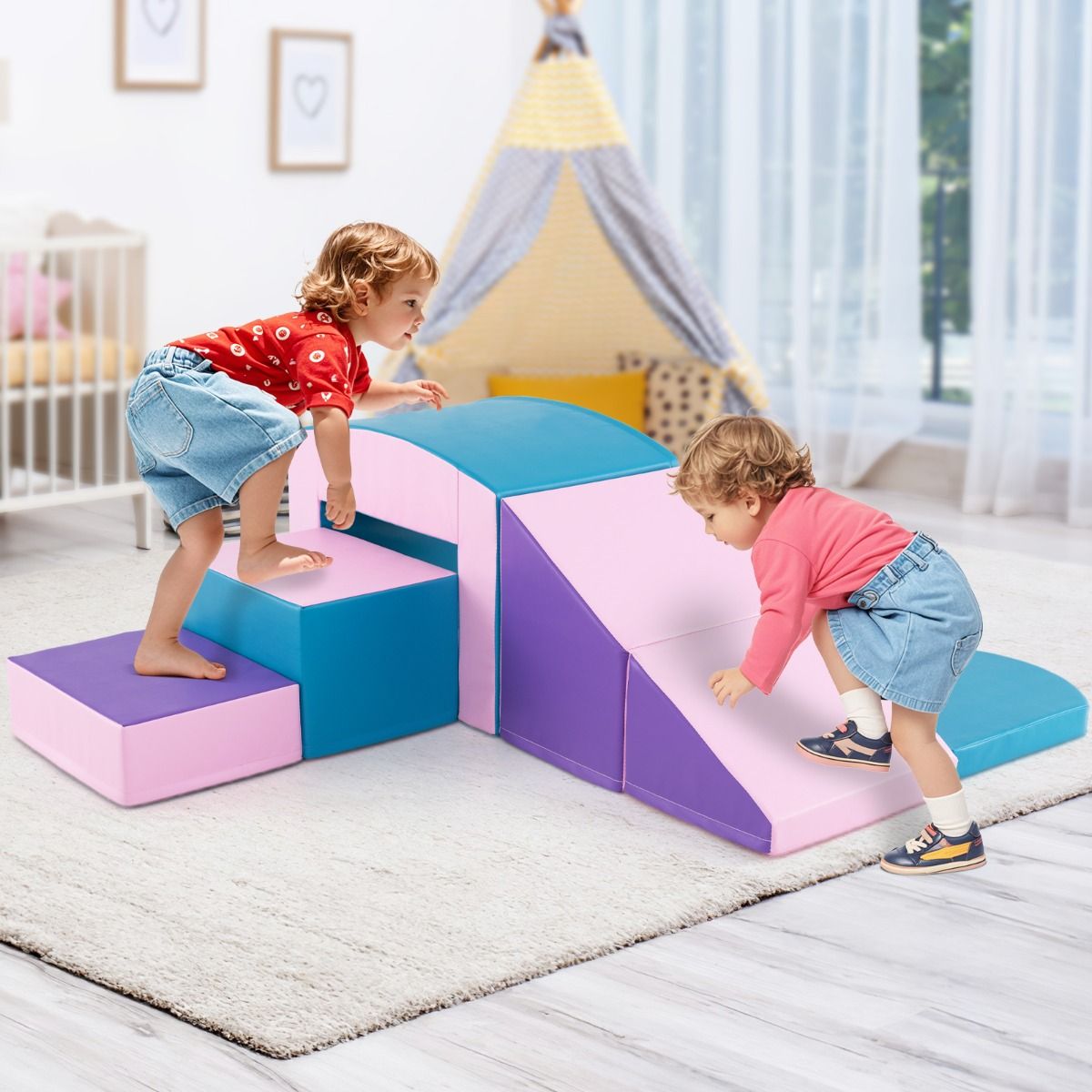 6 Blocs d’Escalade en Mousse Jeu d’Escalade pour Tout-Petits Jeu d’Activité d’Escalade Coloré Tunnel Escaliers et Rampe pour 12+ Mois Coloré/Bleu/Violet -