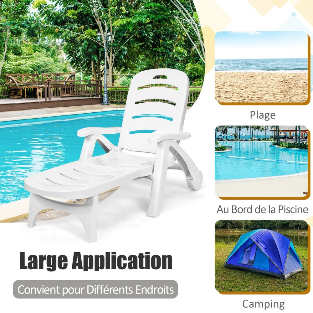 Chaise Longue Pliable Dossier Inclinable à 5 Positions avec Roues Intégrées pour Terrasse Jardin Piscine 150 kg Gris/Blanc/Bleu -