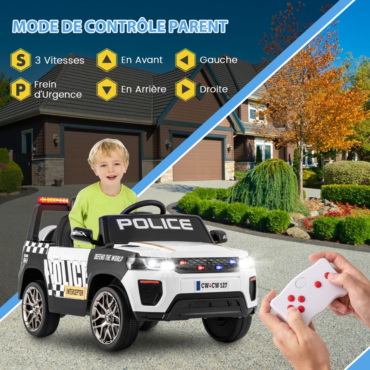 Voiture de Police Electrique Alimentée par Batterie 12 V/7 A Télécommande Connexion Sans Fil Musique Klaxon Sirène Lumières LED Blanc -