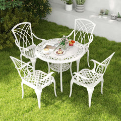 5 Pcs Salon de Jardin en Fonte d'Aluminium Trou pour Parasol Repose-pieds Réglables Ensemble de Table Ronde et 4 Chaises Blanc -