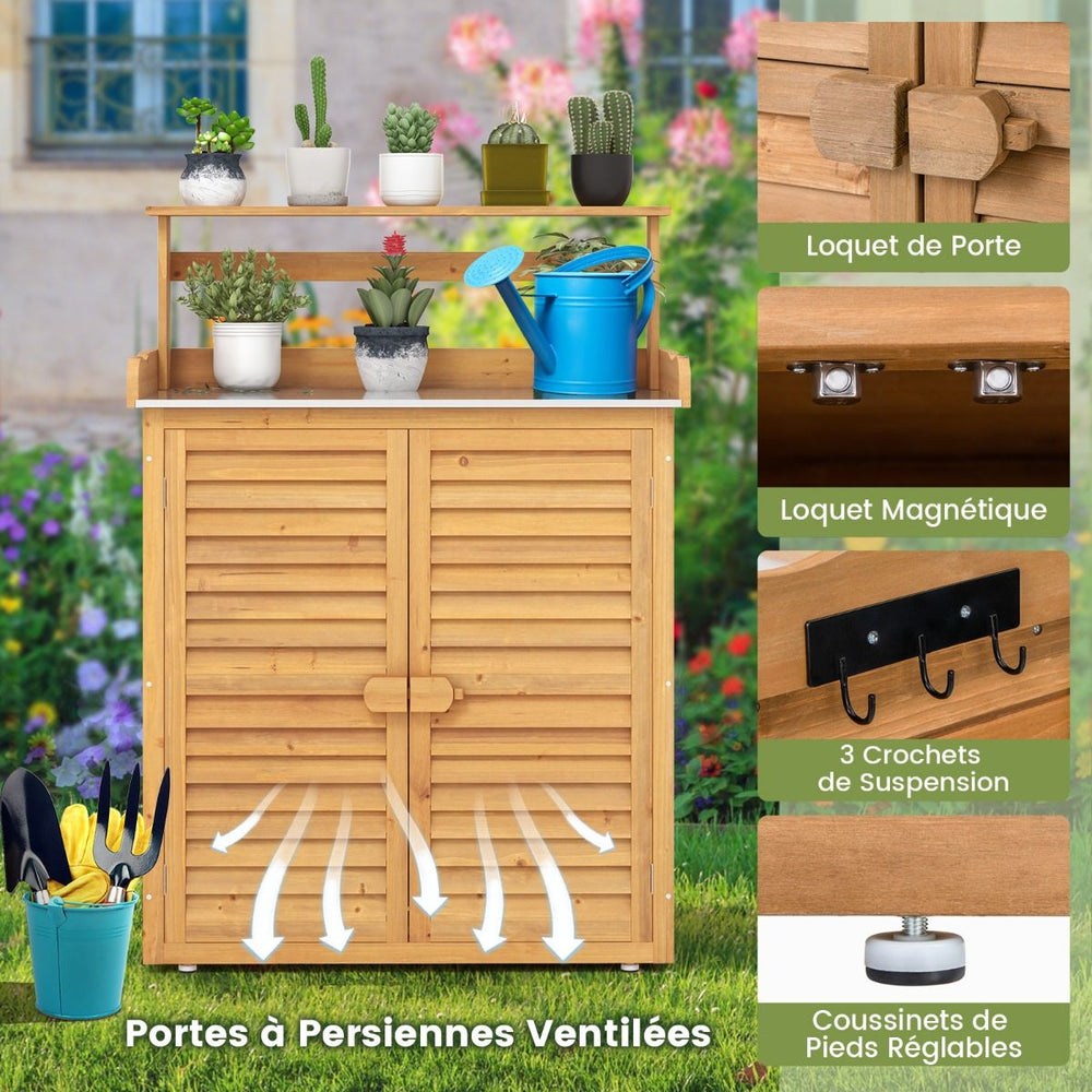 Banc d'Empotage d'Extérieur Table de Jardinage avec Comptoir en Métal Galvanisé 3 Crochets de Suspension Etagères Amovibles Naturel -