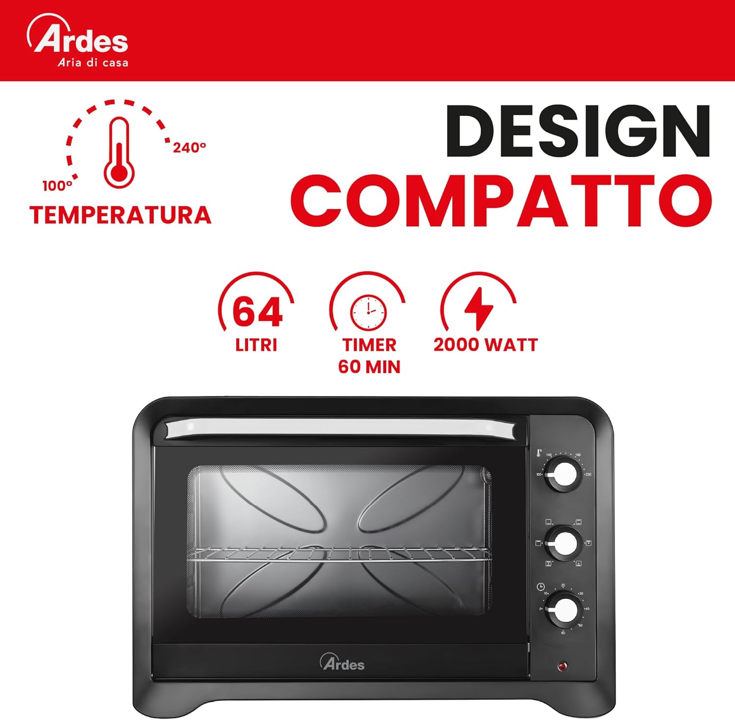 ARDES - AR6264PB Four électrique ventilé Capacité de 64 litres avec lumière interne 6 fonctions de cuisson minuterie double vitrage avec accessoires MAGNUS, Noir