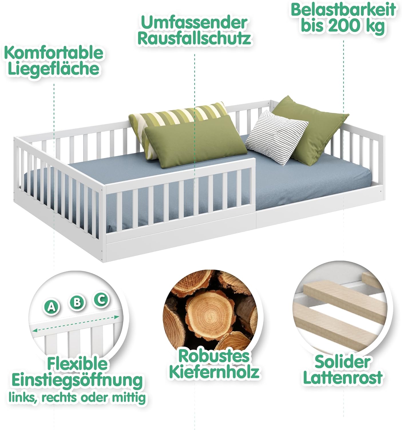 CADANI Timi 2en1 Lit au Sol 120x200 cm Lit Enfant Montessori avec Barrière de Sécurité et Sommier à Lattes, Bois Massif Pin, Blanc, 3 Variantes de Construction, Transformable