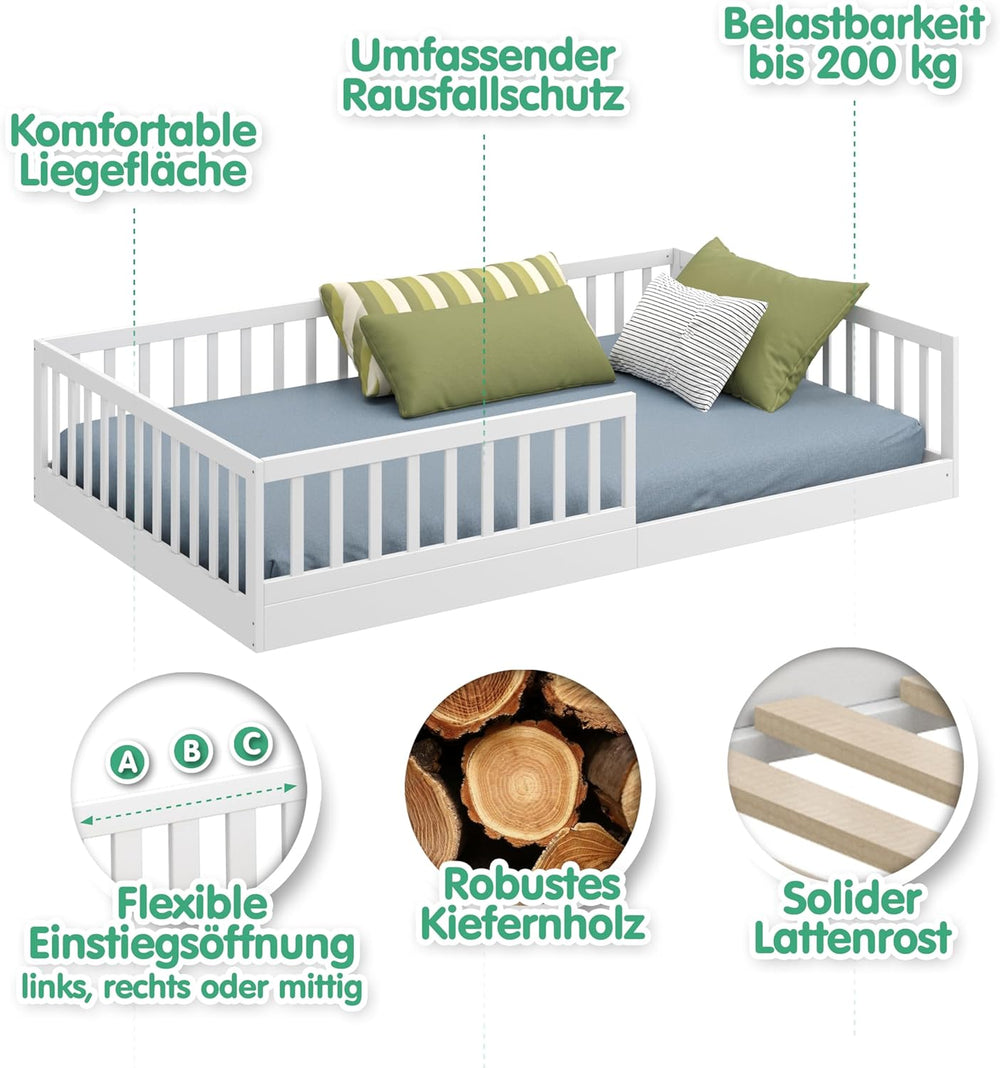 CADANI Timi 2en1 Lit au Sol 120x200 cm Lit Enfant Montessori avec Barrière de Sécurité et Sommier à Lattes, Bois Massif Pin, Blanc, 3 Variantes de Construction, Transformable