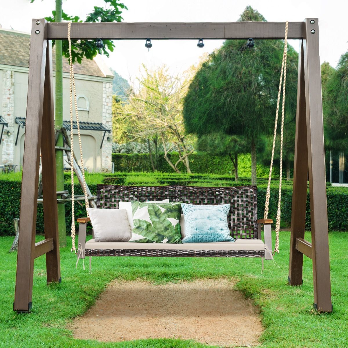 Banc Suspendu de Jardin en Rotin 2 Place Accoudoirs en Bois d'Acacia Cadre en Mtal Coussin Cordes Crochets Blanc/Noir -