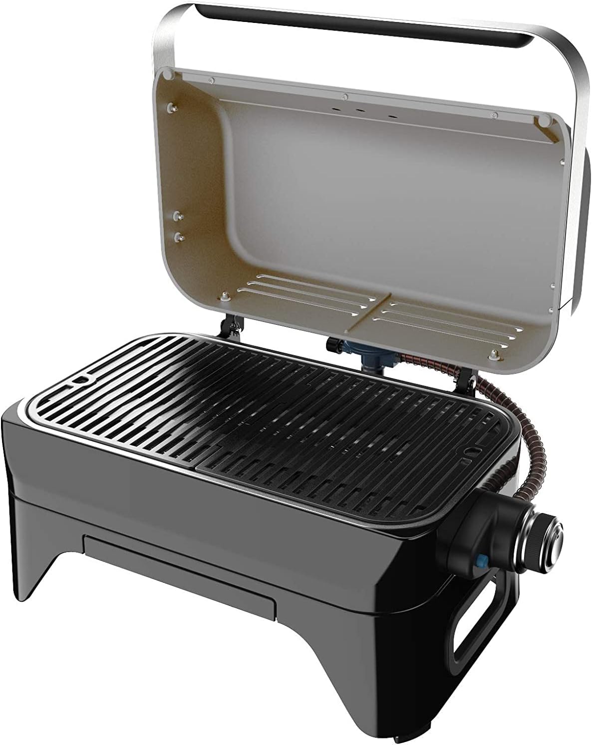 Attitude2go,Barbecue de Table  Faible fume,BBQ Portable, Couvercle,thermomtre,et Grille en Fonte,Alimentation : Cartouche de gaz CV 470 Plus,Gris