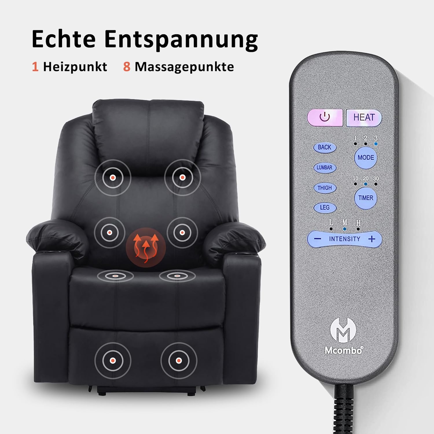 Aide à l'arrimage électrique MCombo, Fauteuil TV, Fauteuil Relaxant, Massage, Chauffage, Connexion USB réglable électriquement, Simili cuir, Noir