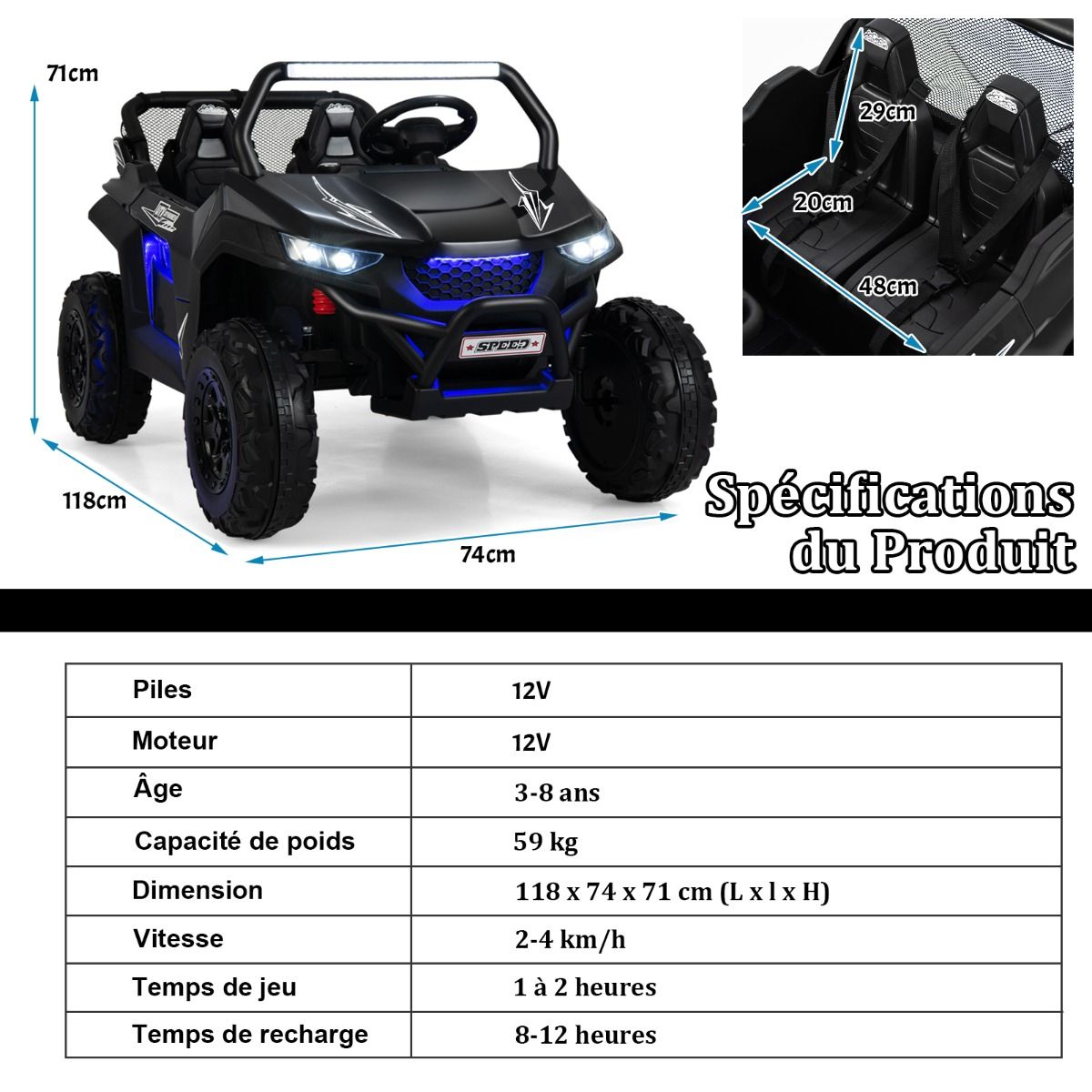 Voiture lectrique Enfant 12 V Tlcommande pour 3-8 Ans 2 Vitesses Ressort de Suspension Charge 59KG 118x74x71CM Noir/Rose/Rouge -