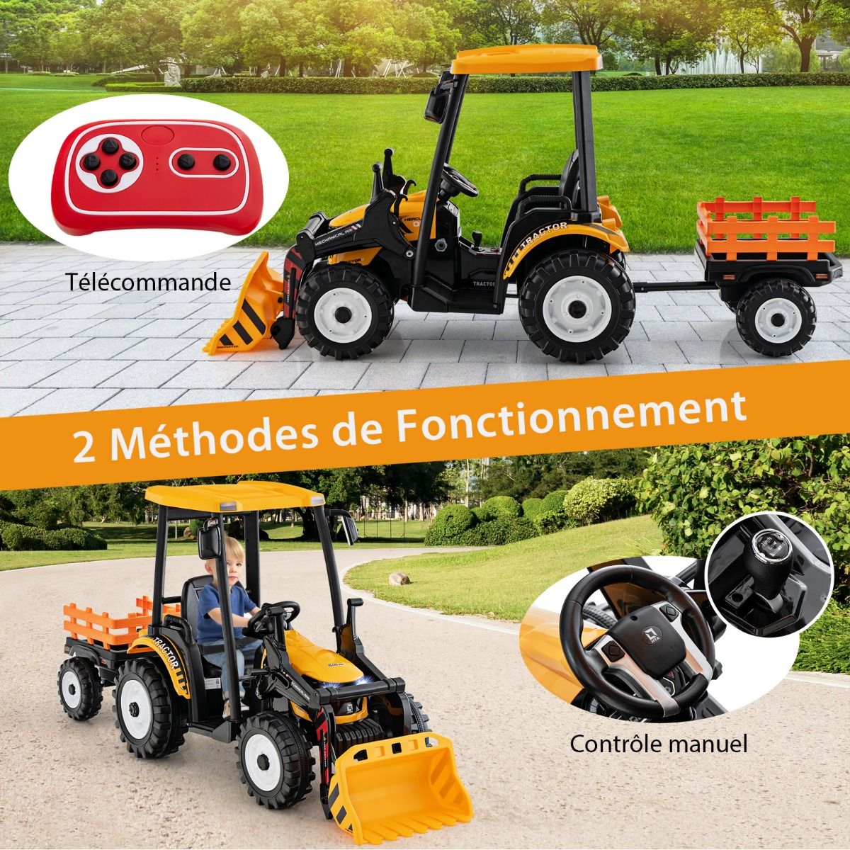 12V Tracteur lectrique Enfants avec Pelle&Remorque Amovible Vhicule lectrique  6 Roues avec Tlcommande & Musique 3-6 km/h pour 3-8 Ans Jaune/Vert -