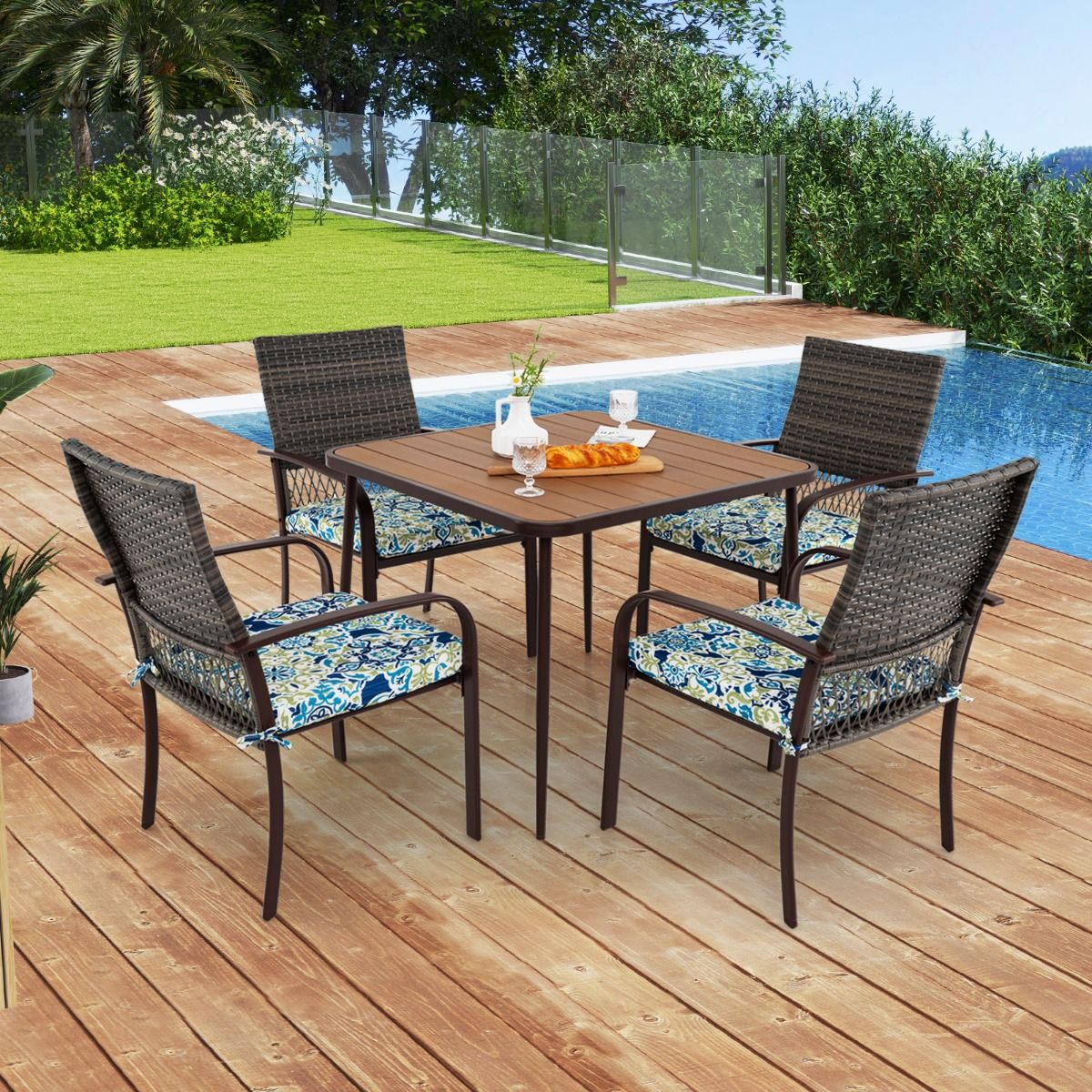 Ensemble de Meubles de Patio 5 Pices Salon de Jardin 4 Fauteuils en Rotin avec Coussins et Table Carre avec Trou pour Parasol -