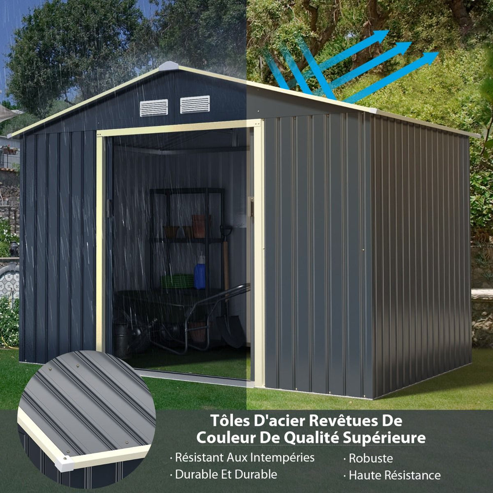 Abri de Jardin en Métal 5,29 77 x 191 x 202 cm avec 2 Portes Coulissantes Verrouillables 4 Trous d’Aération Gris pour Vélo -