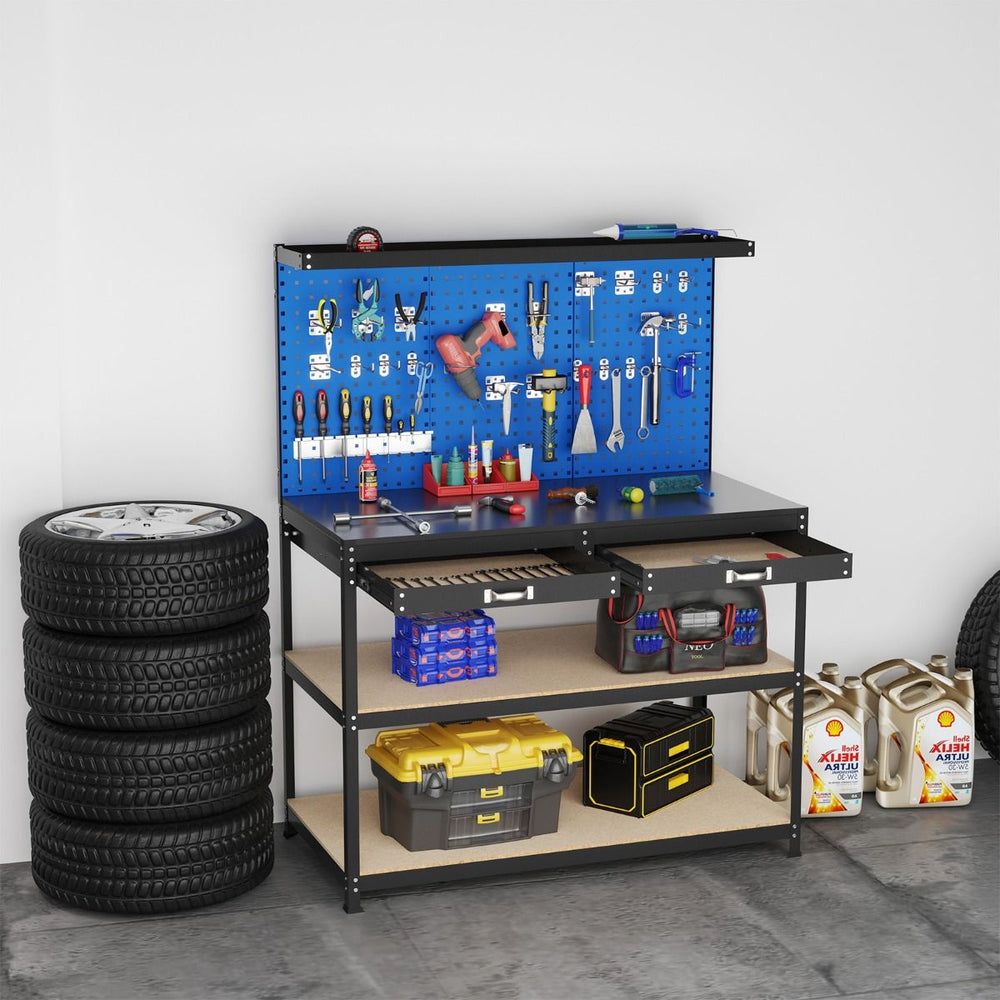 tabli de Bricolage 121 x 61 cm Table de Travail en Mtal de 230 kg avec 3 Panneaux Perfors 24 Accessoires de Suspension Noir/Bleu Marine -