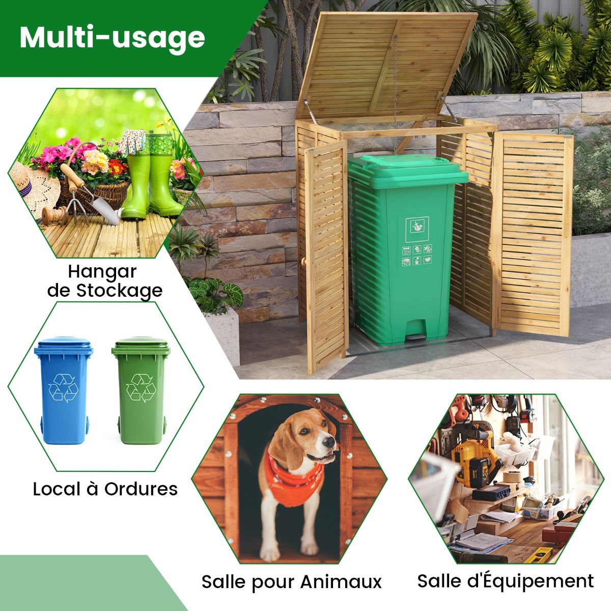 Abri  Poubelle en Bois de 120 L Abri pour Outils d'Extrieur avec Couvercle Ouvrable Doubles Portes Loquet de Verrouillage Naturel -
