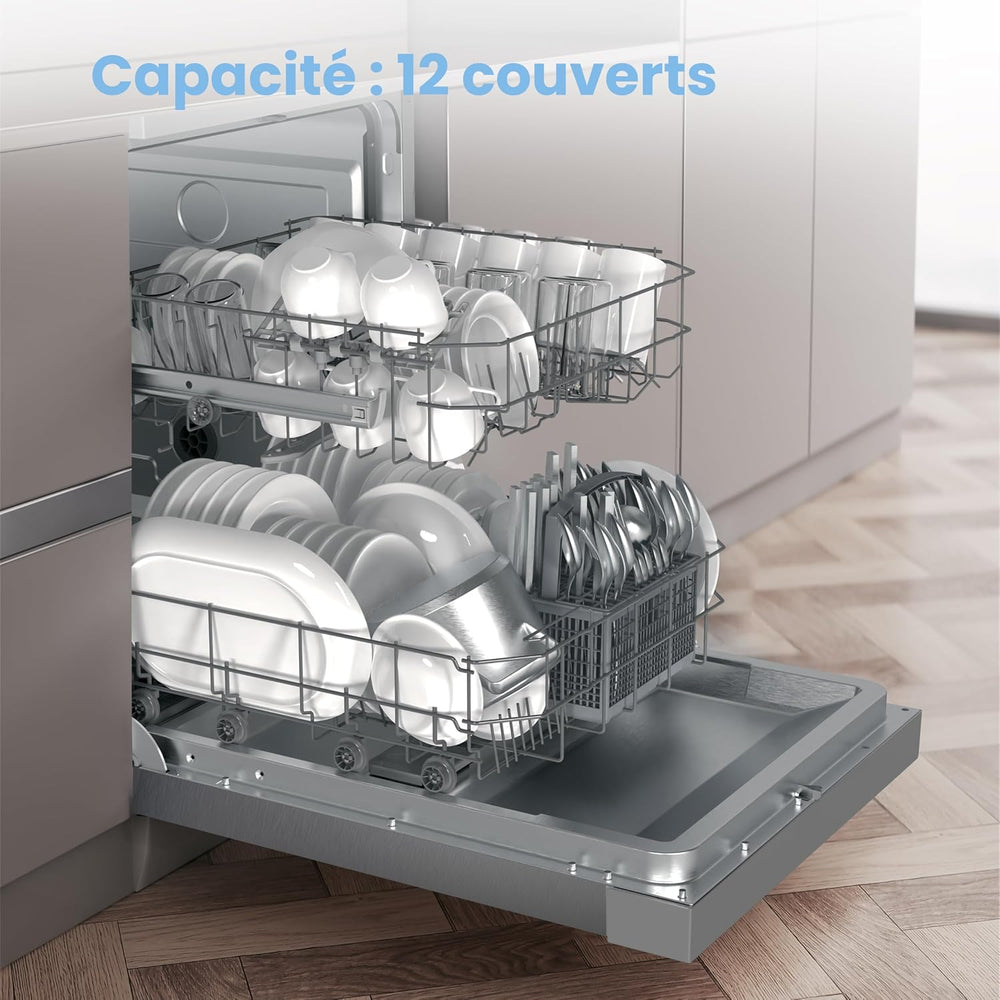 COMFEE' CDWPF1201PS Lave-vaisselle Pose Libre, 60 cm, 12 couverts, départ différé, fonction demi-charge, paniers flexibles - Acier Inoxydable, 49 dB, Commande Bouton