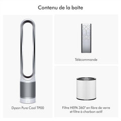Dyson Pure Cool TP00 – Purificateur ventilateur tour sans pales, 10 vitesses, 434L/s, filtre HEPA 360°, capte 99,95% particules, Blanc/Argent