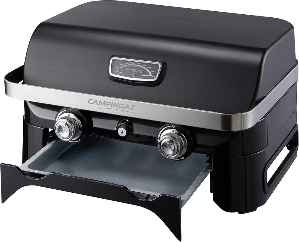 Attitude2go,Barbecue de Table à Faible fumée,BBQ Portable,à Couvercle,thermomètre,et Grille en Fonte,Alimentation : Cartouche de gaz CV 470 Plus,Gris