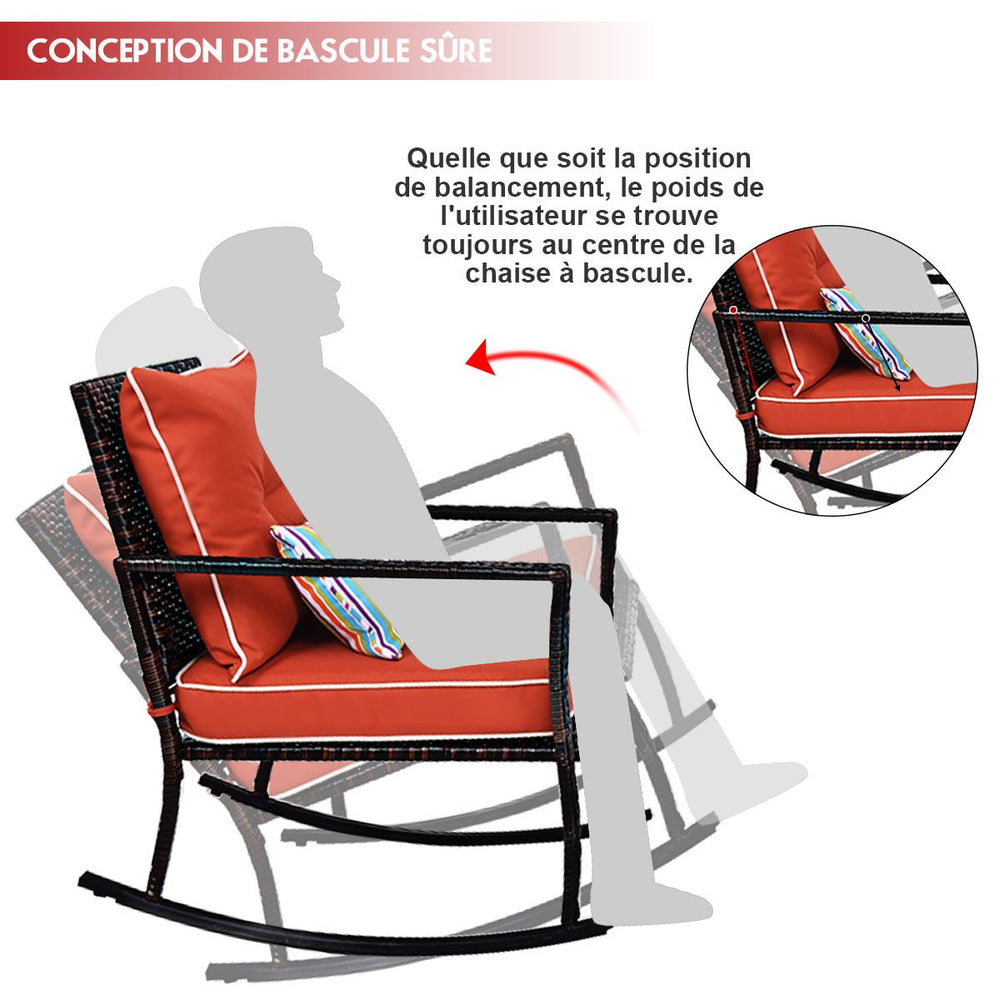 Ensemble de Jardin avec 2 Fauteuils  Bascule et 1 Table Basse en Verre Tremp Tous Coussins Inclus en Rotin PE -